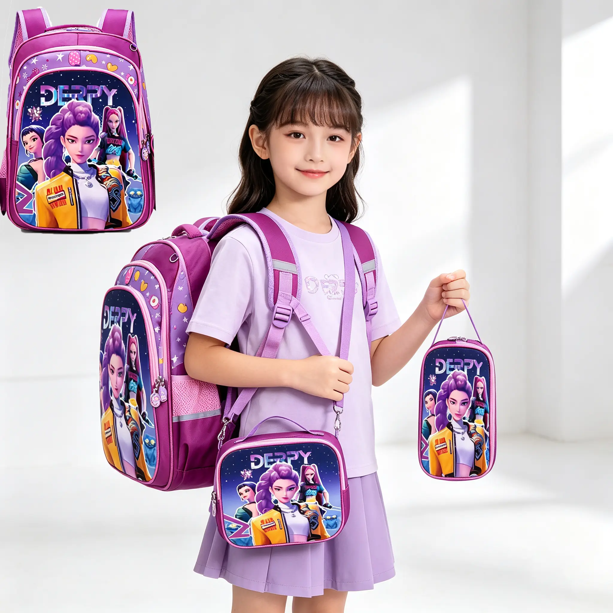3D KPOP 3-in-1 Back pack Set - HUNTRA Large Capacity Schoolbag with Insulated Lunch Bag & Pencil Case, Gift for Girls Students-15.7inch