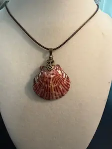 Rustic Waves – Calico Scallop Shell Necklace on Braided Brown Cord