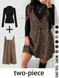Women High Neck Inner Layer Leopard Print Strap Skirt Set 2026 Casual Daily Spring Fall Commuter Two Piece Chic