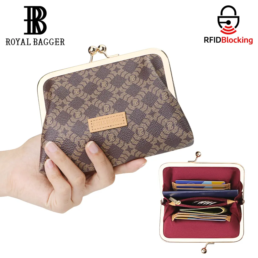 Royal Bagger Women's Chic Casual Vintage Minimalist Plaid Bifold Wallet - Signature Canvas, Cow Hide Leather, Kiss Lock Coin Purse, RFID Protection, Multi-Compartment, Scratchproof, Lightweight Design