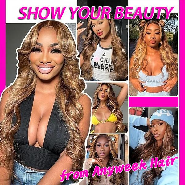 【30 Inch Only $89】Anyweek Honey Blonde Ombre Lace Front Wig Human Hair Highlight Body Wave 13x6 Lace Front Wigs Pre Plucked 180 Density Glueless HD Lace Frontal Wig for Women 4/27 Colored