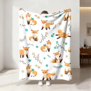 1 healing forest wind blanket trees mushrooms acorns + cute animals full-printed flannel blanket soft and comfortable suitable for sofa camping World Cup support and other occasions