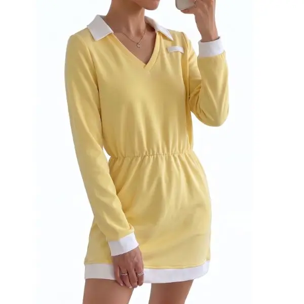 Fisoew Preppy Contrast Trim Mini Dress, Collared V Neck Long Sleeve Elastic Waist Casual Dress for Brunch Campus Tennis Vacation Outfit