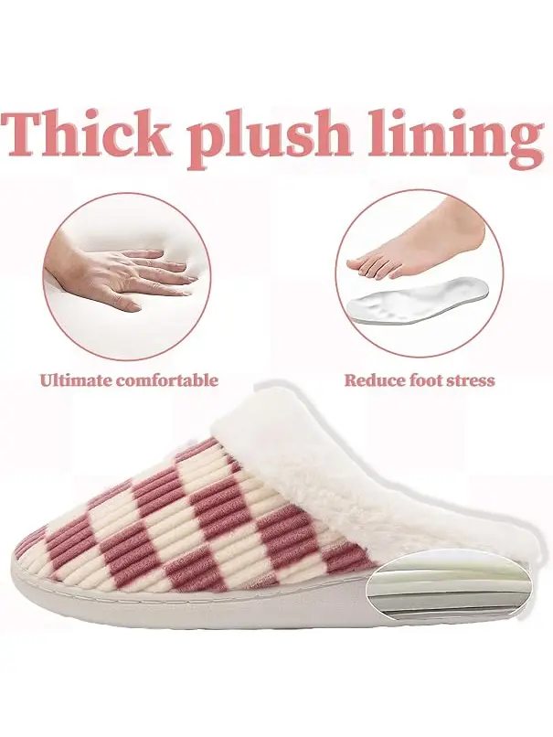 Women's Checkerboard Fuzzy Slippers Washable Plush Lined Non-Slip Closed Toe Indoor Winter House Shoes