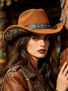 Western Cowboy Hat for Women and Men, Felt Brimmed Hat with Clover Buckle, Turquoise Vine Embroidery, Perfect for Riding and Parties