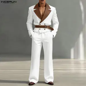INCERUN Spring/Summer Men's Fashion Patchwork Color-Blocking PU Faux Leather Double-Breasted Short Blazer + Trousers Set