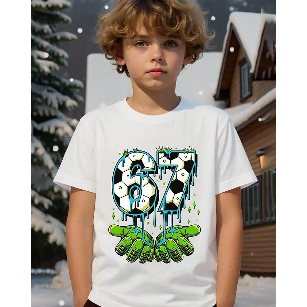 Boys' Graphic Tees, Comfortable Cotton Streetwear Top with Football 67 Print, Short Sleeve Crew Neck for Kids & Teens