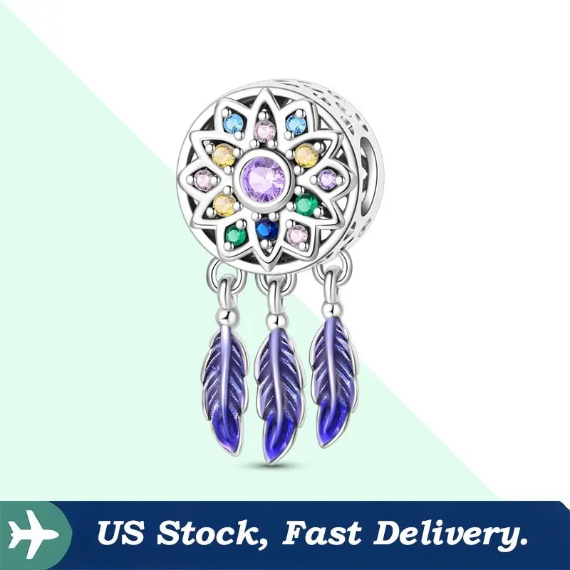 Dream Catcher Charm in S925 Sterling Silver, Boho Pendant with Colored Beads for Women's DIY Bracelets & Necklaces, Hypoallergenic Anniversary Birthday Gift, Valentines Day, Charms & Pendants, Adults, Female