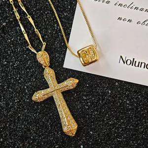 Noluné 2-Layer Bling Gold Necklace - Custom Letter + lced Cross