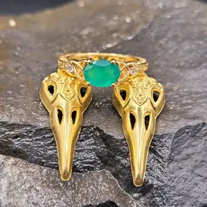 Fine Green Adventurine and Zirconia Gemstone Gold Plated Celtic Knot Medievil Ring in Size 7.