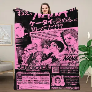 NANA Black & Pink Retro Manga Throw Blanket - Bold Black Background Vintage Manga Ad Print Flannel Blanket, Cozy Soft Blanket Featuring Nana Osaki, Nana Komatsu & The Black Stones Crew, Perfect Nostalgic Gift for NANA Fans