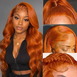 30 Inch Ginger Wig Synthetic Blended Human Hair 200% Density 13x4 Ginger Orange Body Wave Lace Front Wigs Glueless Wig Pre Plucked #350 Colored HD Transparent Lace Frontal Wigs for Women