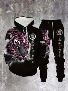 Men's Casual Tiger Pattern Print Hoodie Set, Outfit, Streetwear Tracksuit, Sports Clothing Set, Polyester Knit Fabric, Sporty Style, Long Sleeve, Regular Fit, Spring & Fall Wear, Athleisure Tracksuit Outfit, Sportswear