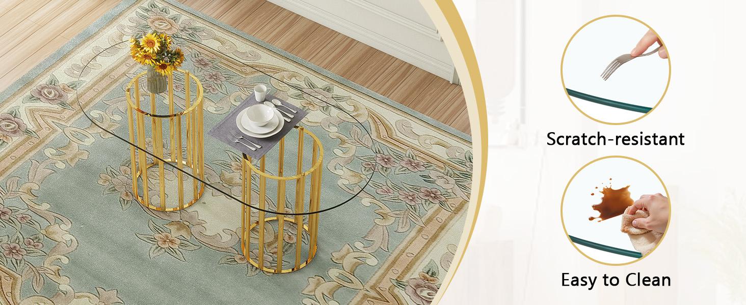 71 Inch Oval Tempered Glass Dining Table, Modern Light Luxury Gold Double Pedestal Kitchen Dining Table, Scratch Resistant Easy Clean Glass Top, Seats 6-8 for Dining Room Restaurant 71 Inch Oval Tempered Glass Dining Table, Modern Light Luxury Gold Double Pedestal Kitchen Dining Table, Scratch Resistant Easy Clean Glass Top, Seats 6-8 for Dining Room Restaurant