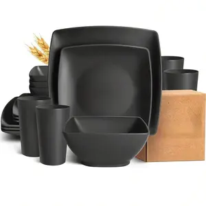 16/32Pcs Plastic Square Dinnerware Set - Durable Dishwasher Safe Microwave Safe, Stackable, Space-Saving - For 4 People, Includes Dinner Plates, Salad Plates, Snack Bowls, Tumblers 20 Oz