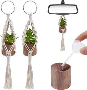 Pack Car Mirror Hanging Accessories Mini Macrame Crochet Plant Car Air Freshener with Wooden Essential Oil Diffusers Cute Boho Plant for Rear View Mirror Home Office Decor