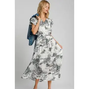 Umgee Full Size Two Tone Landscape Print Midi Dress Plus Size