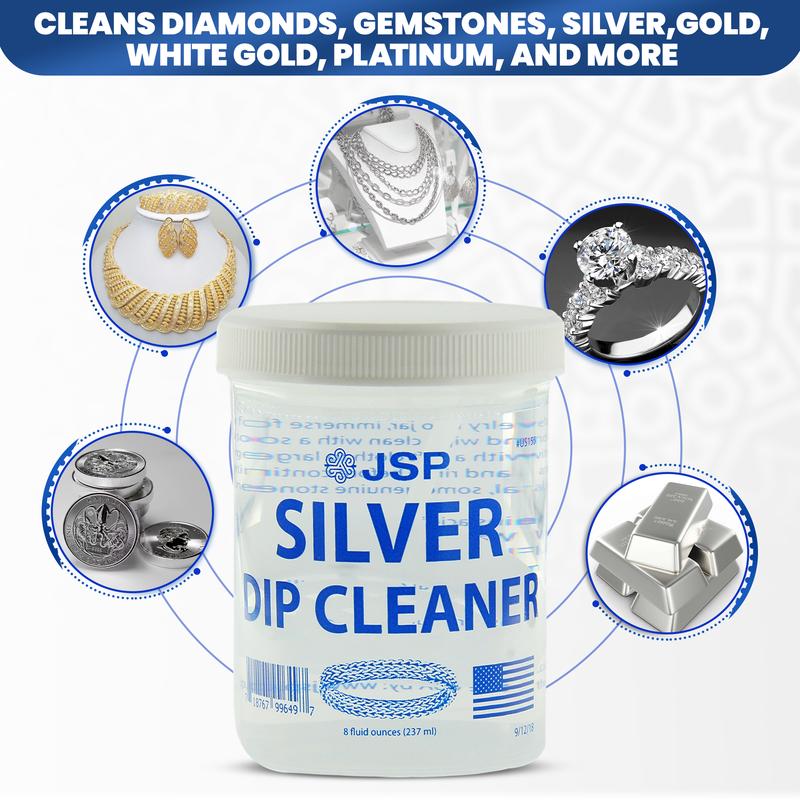 JSP Sterling Silver Dip Cleaner Tarnish Remover 925 Jewelry Cleaning Solution 8oz Household Cloth Microfiber Tool