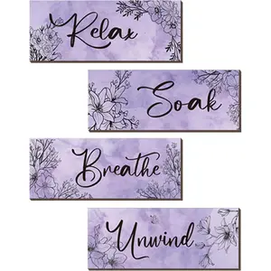 4 count Purple Wall Decor Purple Floral Bathroom Decor Wooden Decor with Relax Soak Unwind Breathe Positive Hanging Wall Art for Women Bedroom Living Room Decoration (Purple 10X4 Inches)