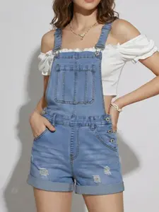 Women's Fashion Denim Halter Jumpsuit Shorts, Front Pocket Design, Ripped Effect, Casual Style, Outdoor Wear, Summer Women's Denim Halter Jumpsuit Shorts