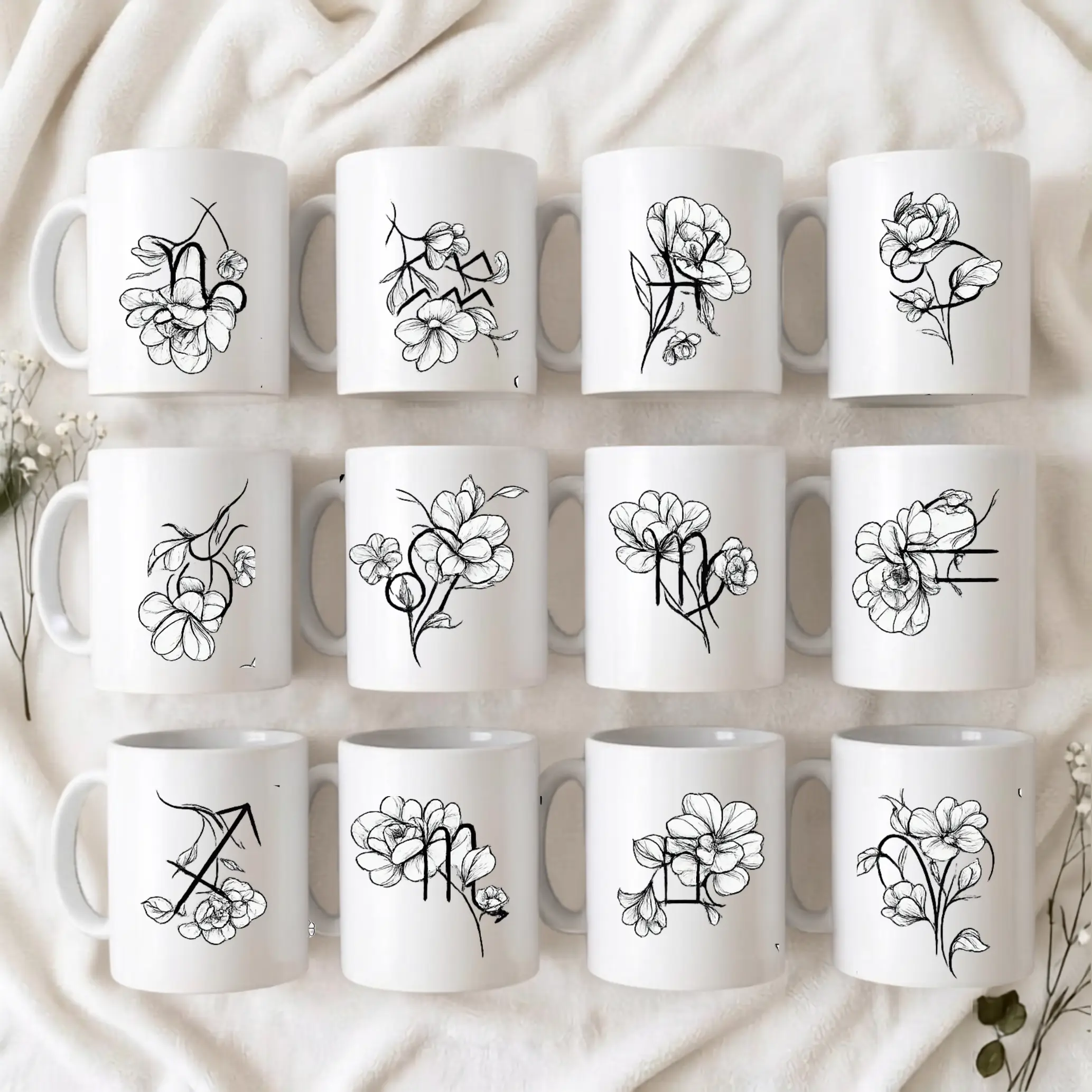 Minimalist Floral Zodiac Mug, Custom Horoscope Coffee Cup, Astrology Birth Sign Mug, Cute Gift for Her, Ceramic Tea Mug | GHINI