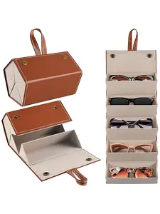 Simple Leather Multi-Compartment Eyeglass Case, Nearsighted Glasses Sunglasses Storage Box, Foldable Eyewear Organizer Holder