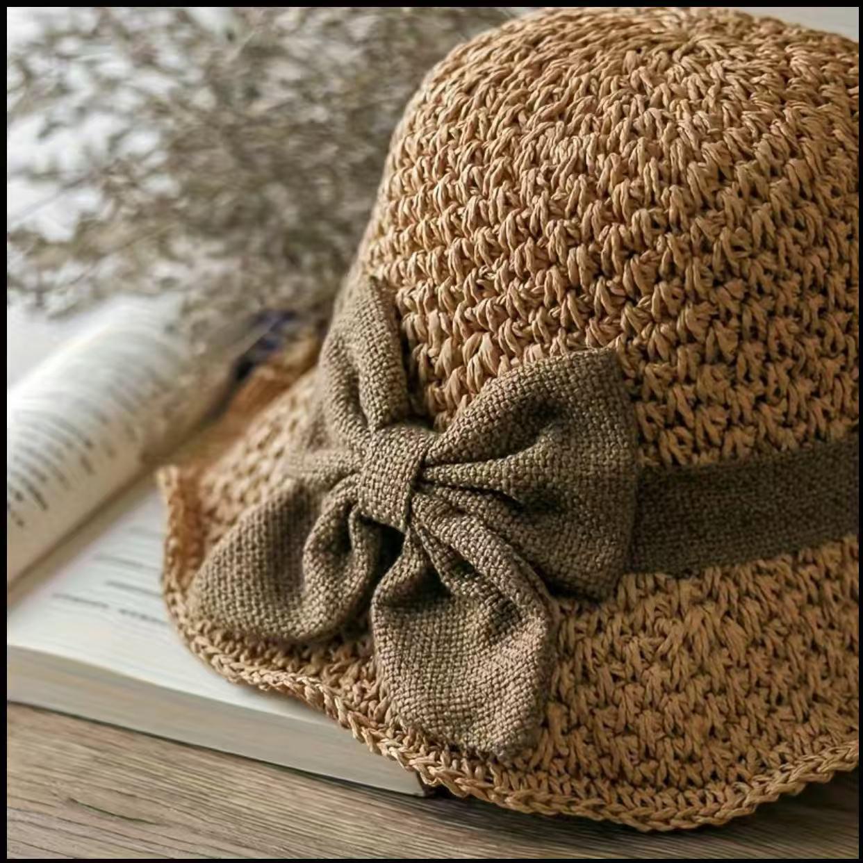 Versatile retro woven handmade straw hat withruffled bow, elegant French sun hat, foldable,breathable travel beach hat.Folds compact for easy portability.