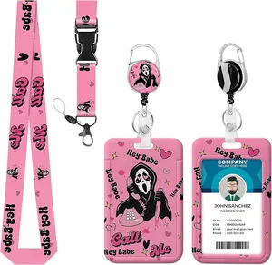 Pink ID Badge Holder with Lanyard Funny Ghost Lanyards for ID Badges Retractable Badge Reel Breakaway Lanyard Name Card Tag for Teacher Nurse