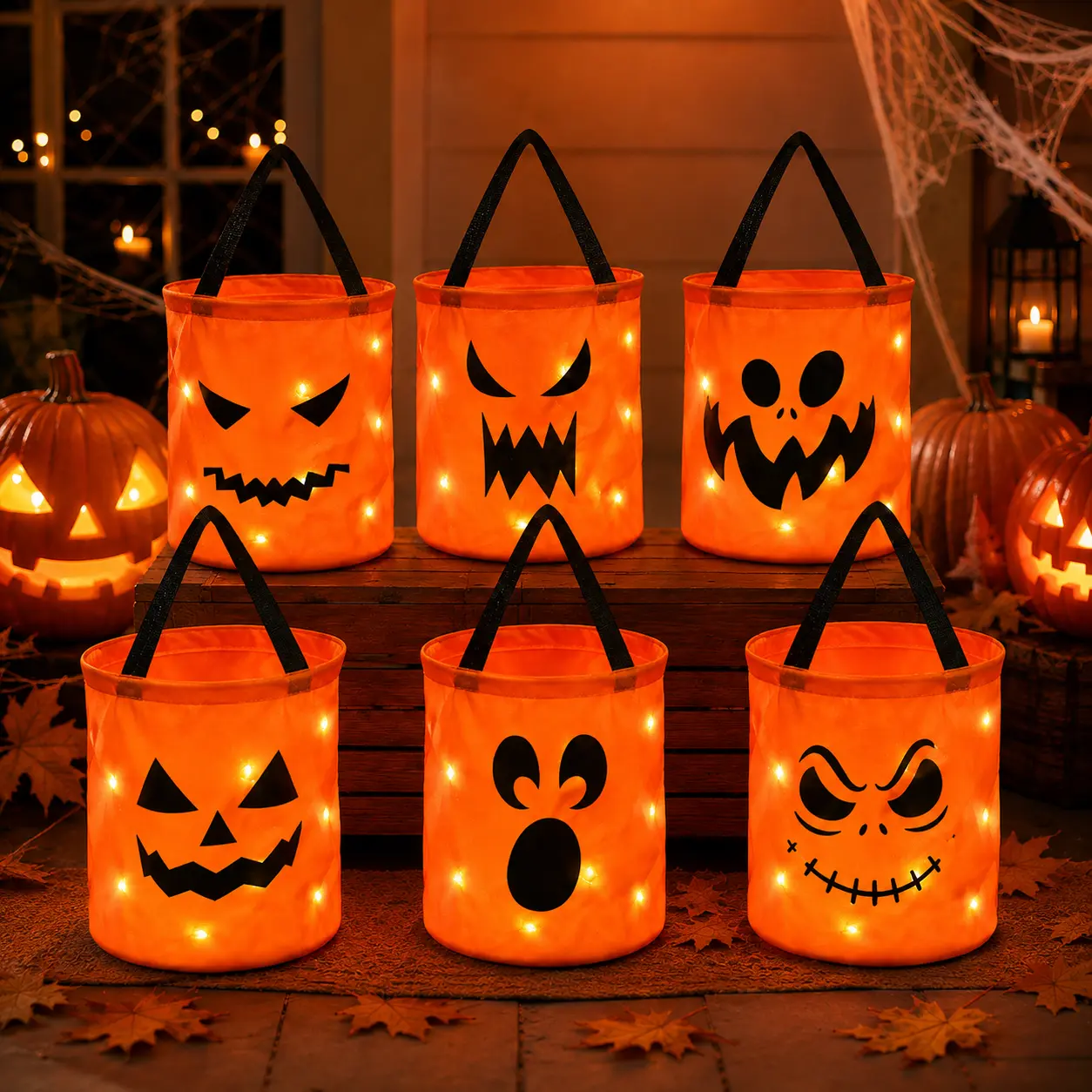 Halloween LED Light-Up Fabric Candy Bucket - Orange Pumpkin Trick-or-Treating Bag with 7 Spooky Faces, Reusable Party Basket, Outdoor Decor Gifts, 25.5x30 cm