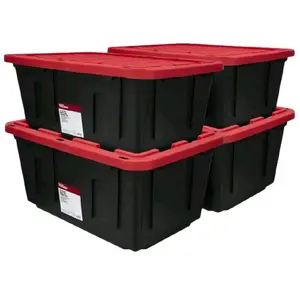 Hyper Tough 27 Gallon Large Storage Bin with Snap Lid Pack of 4 Black and Red Durable Organization Solution