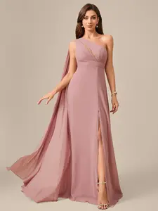 Elegant Chiffon Dress with Asymmetric Shoulder and Waist Gathering, High Slit Long Bridesmaid Gown in Solid Color for Special Occasions
