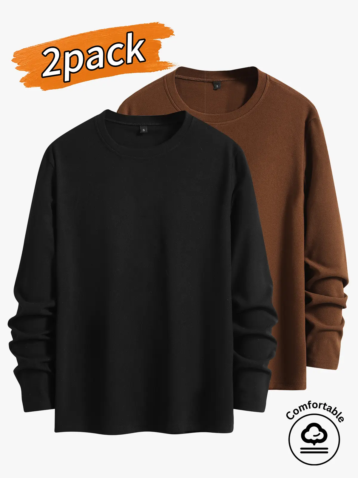 2-pack men's tops, men's long-sleeved top, men's solid-color crew-neck long-sleeve T-shirt.Loose, versatile long-sleeve base layer for commuting, featuring a simple solid color crew neck design. It can be worn on its own or layered under outerwear—ideal f