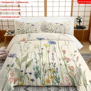 3 pcs, 2D Flat Print Watercolor Wildflower Bedspread Set, Decorative Bedding Set, Soft and Comfortable, Multiple Sizes Available, Suitable for Gifting and Daily Use, Ideal for Creating a Cozy Home Atmosphere, Soft Bedding Sets(1 bedspread , 2 pillowcases)