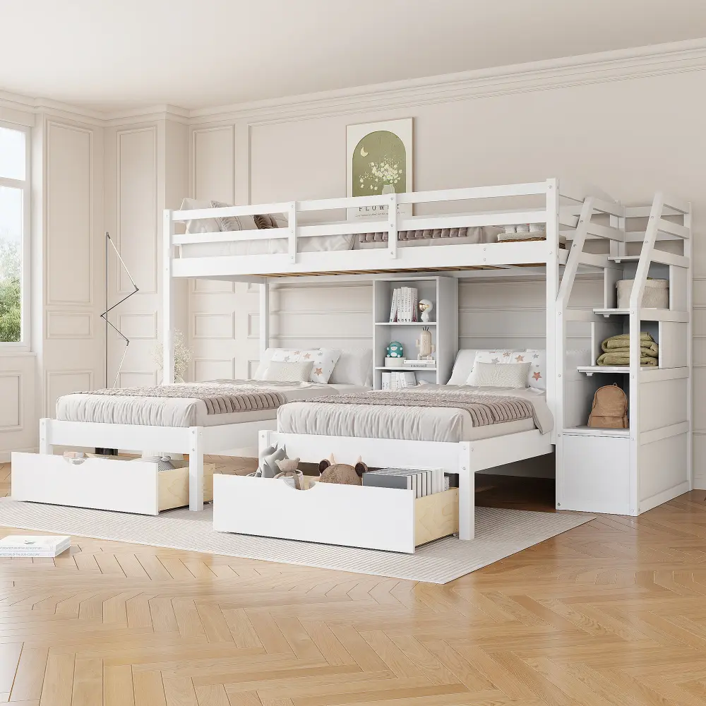Multi-Functional Convertible Bunk Bed Frame - Single/Triple Size Options, Built-In Shelves, Storage Stairs, Drawers, Extra-Large Storage, Sturdy Durable Design
