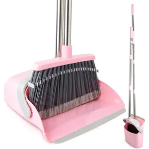 Broom and Dustpan Combo Set, Long Handle and Standing Dust Pan with Comb Teeth, Efficient Floor Cleaning for Kitchen, Outdoor, Dorm, Apartment, Office Lobby (Pink Gray)