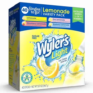 Wyler's Light Lemonade Variety Pack, 40 ct Singles to Go Powder Packets, Water Drink Mix, Variety Pack, Pink, Strawberry & Blueberry Lemonade, Sugar & Caffeine Free, On-The-Go,(Pack of 1)