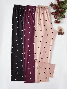 3 Pack Heart Print Women's Loose Pjs Pajama Pants, Soft Skin-Friendly Elastic Waist Wide Leg Pants, Casual Home Wear Sleep Trousers Loungewear Nightwear Can Be Worn Outside
