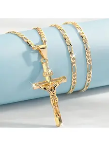 3D Polished Gold Figaro Chain Jesus Cross Pendant Necklace Daily Wear Religious Jewelry for Faith Expression