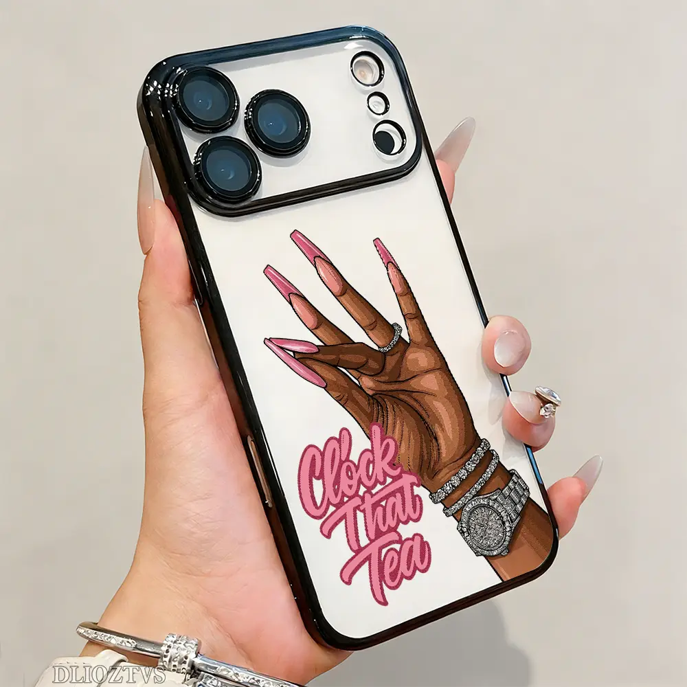 Fashion Hand and Clock That Tea Text Pattern Phone Case For iPhone 17 Pro Max 16 15 Plus 14 13 12 11 Air Electroplated Shockproof Protection Cellphone Cover