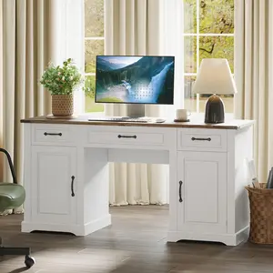 Garvee 60" Executive Desk with Drawers - Farmhouse Style Home Office Desk with Storage Cabinets, Rustic Wood Computer Writing Workstation for Home, Study, and Work in Antique White Finish