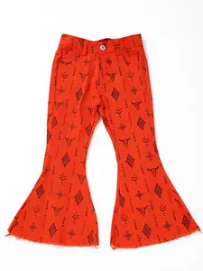 western Orange Print Bell Bottoms Girls Jeans