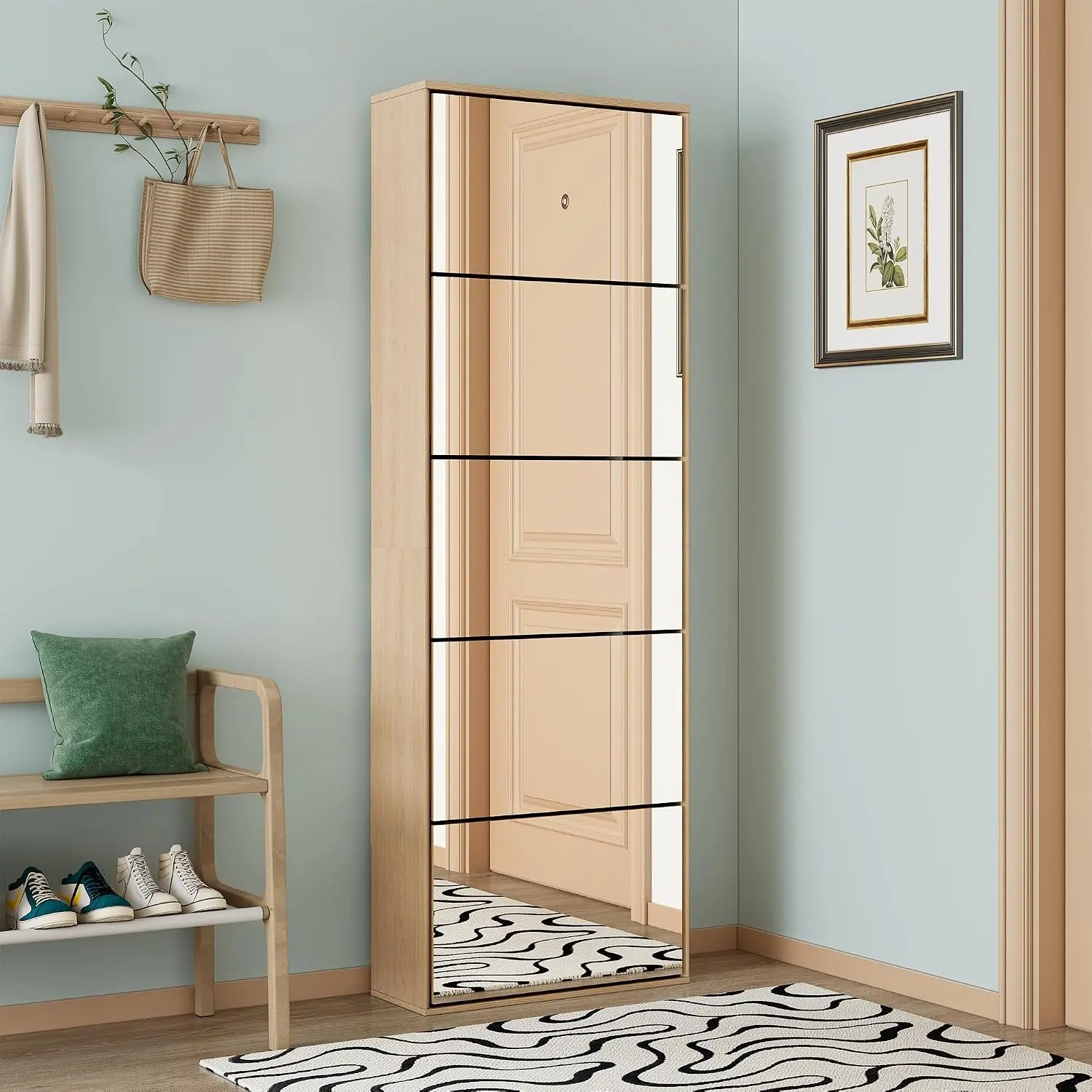 Mirror Shoe Cabinet with 5 Flip Drawers, Shoe Rack Storage Organizer, Entryway Shoe Cabinet for Front Door, Hallway (1 Piece) (Mirror Silver, Walnut)