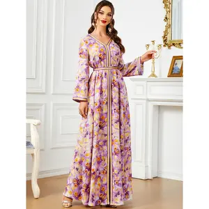 [Women's Print Dress] Print V-Neck Dress with Waist Belt - Long Sleeve A-Line Machine Washable Traditional Attire for Women, All-Season Wear, Formal Evening Wear, Cultural Event Attire, Luxury Textile Craftsmanship, Nontransparent Fabric, Festive Clothing