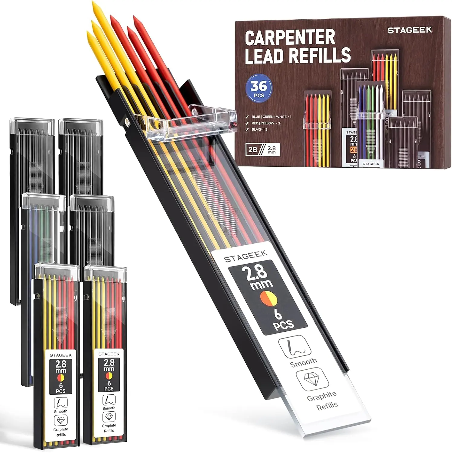 STAGEEK 36-Pack 2.8mm Graphite Lead Refills for Mechanical Pencils, Break-Resistant Marking Tool Packaged Sets for Construction, Woodworking, Stageek Mechanical Pencils