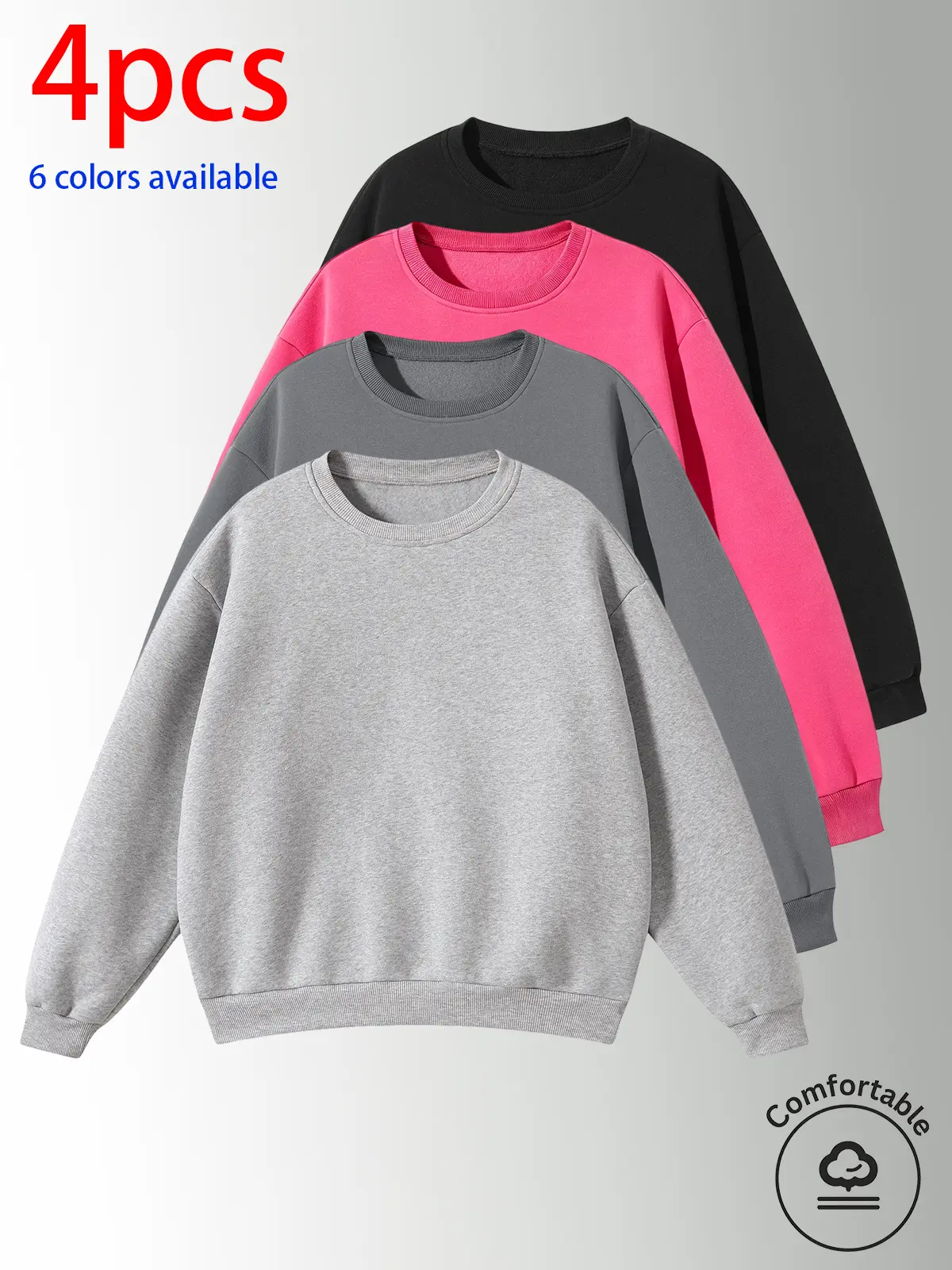 4-Pack Men’s Sweatshirts, Men’s Casual Tops, Men’s Crewneck Sweatshirts. Loose drop-shoulder long-sleeve pullover top that conceals curves, looks slimming, and suits all body types. Available in multiple colors; simple solid-color design that’s versatile—