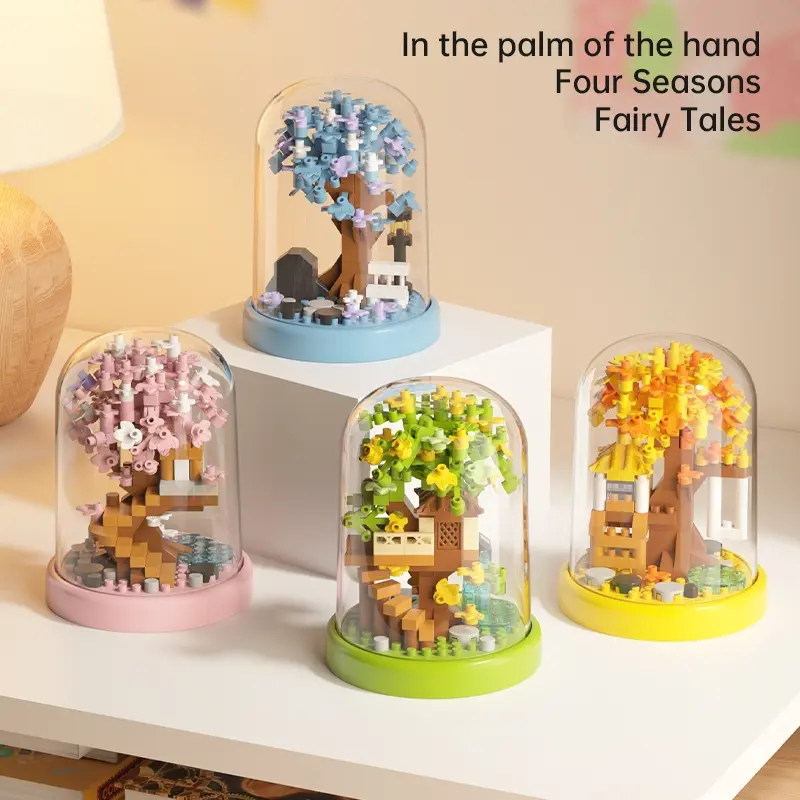 200+pcs Sakura Tree Building Blocks Set, Buildable Blocks Kit, Romantic Four Seasons Mini Landscape with Dust Cover, Creative Assembly Toy Gift for Valentine's Day Birthday, Building Block Model