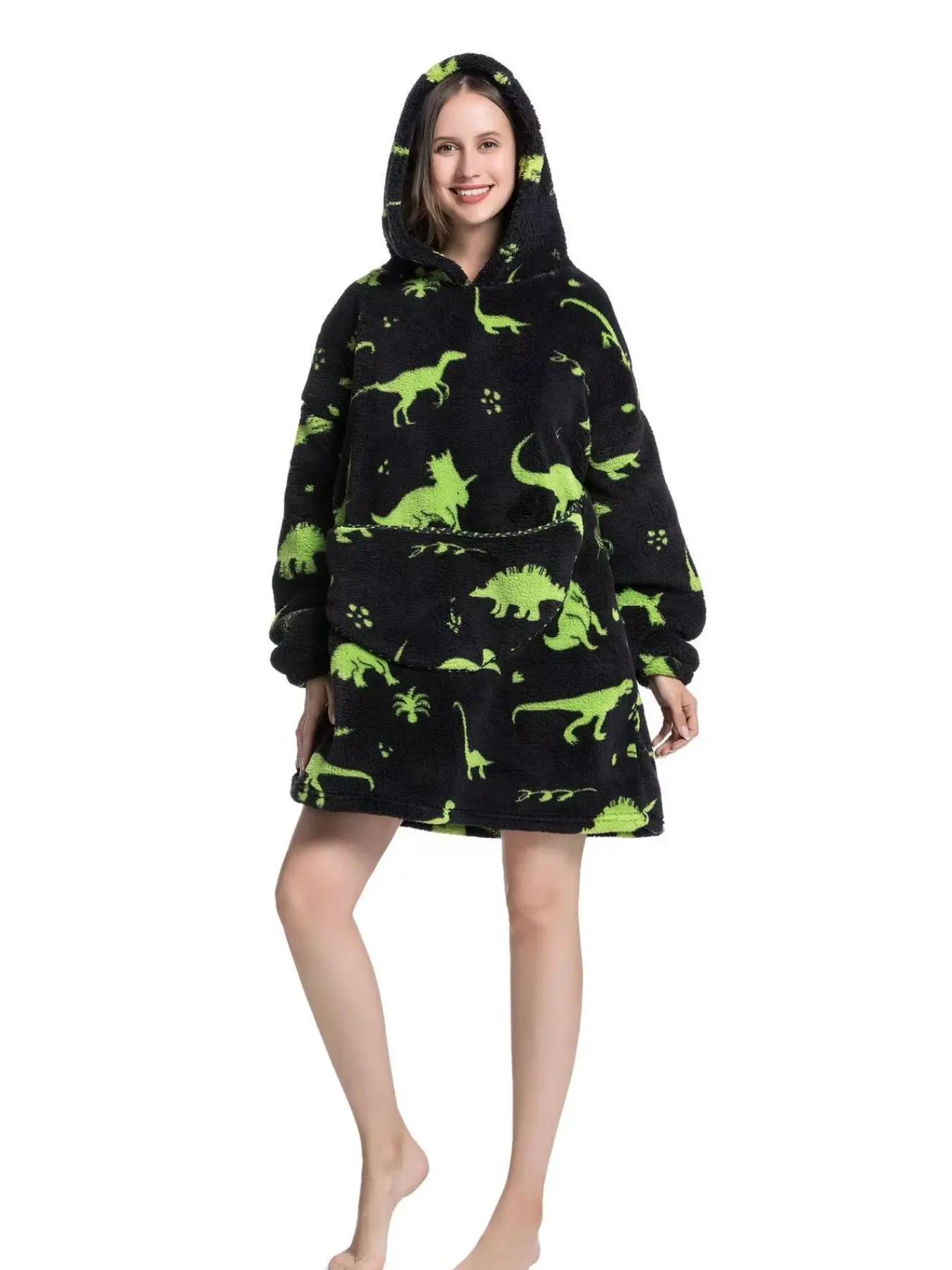Cute Elegant Bear Print Sleepwear for Adults, Long Sleeve Loose Fit Home Robe, with Large Pockets, Fall & Winter Loungewear, Dressing Gown Robe