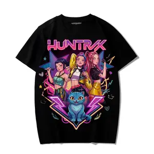 Huntrix Neon Girl Group Idol Graphic T-Shirt, Black K-Pop Inspired Streetwear Tee, Colorful Anime Cat Aesthetic, Casual Y2K Oversized Short Sleeve