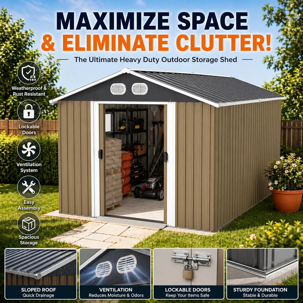 Campcraft 8x12 FT Outdoor Metal Storage Shed, Large Storage Sheds with Sturdy Frame Structure, Metal Garden Tool Shed with Lockable Door for Garden, Lawn, Backyard, Brown