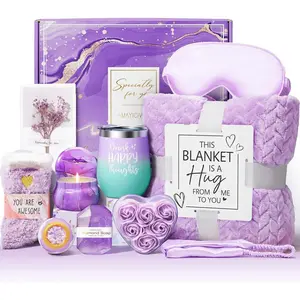 Day for Self Care Get Well Soon Gifts, Lavender Relaxing Spa Gift Basket Thinking of You Care Package w/Flannel Blanket, Gift for Mom Her Wife Grandma Friend Sister